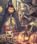  1girl basket blonde_hair candy chocolate clock demon_girl demon_horns demon_tail halloween highres hood horns jack-o&#039;-lantern lollipop long_hair original pointy_ears sho_(shoichi-kokubun) skeleton solo striped striped_legwear sword tail weapon 