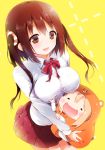  2girls :d =_= animal_costume blonde_hair blush breast_grab breasts brown_eyes brown_hair chibi closed_eyes doma_umaru ebina_nana hamster_costume himouto!_umaru-chan hood hug koshika_rina large_breasts long_hair looking_at_viewer multiple_girls open_mouth saliva school_uniform shirt skirt smile twintails wavy_mouth 