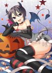 1girl akebono_(kantai_collection) alternate_costume bare_shoulders black_gloves candy choker demon demon_tail demon_wings elbow_gloves elbow_rest fang flower gloves hair_flower hair_ornament halloween horns kankitsunabe_(citrus) kantai_collection looking_at_viewer lying mismatched_legwear on_side pumpkin purple_hair side_ponytail single_strap solo tail violet_eyes wings 