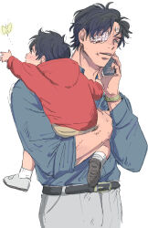  2boys aged_down amayado_rei bandage_over_one_eye bandages black_hair blank_stare blood blood_on_bandages bug butterfly carrying child child_carry collared_shirt curtained_hair father_and_son green_eyes highres hood hoodie hypnosis_mic injury male_focus mole mole_under_eye multiple_boys pants phone reaching red_eyes red_hoodie scrape shirt short_hair sketch talking_on_phone watch watch white_pants x09cc yamada_ichiro 