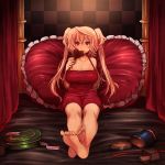  1girl barefoot bed blonde_hair blush breasts candy chocolate chocolate_heart cleavage eating elsie-san_(oshiruko) fang feet heart heart_pillow large_breasts legs lollipop looking_at_viewer nightgown on_bed original oshiruko_(tsume) pillow red_eyes ribbon sitting sitting_on_bed solo tsurime two_side_up 