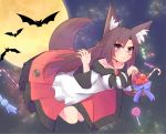  1girl animal_ears apple bat blush_stickers breasts brooch brown_hair candy candy_cane collarbone dress fingernails food fruit full_moon halloween imaizumi_kagerou jewelry long_fingernails long_hair long_sleeves looking_at_viewer mikagami_jun moon nail_polish red_eyes smile solo tail touhou wolf_ears wolf_tail 