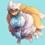  1girl blonde_hair blue_background breasts chanta_(ayatakaoisii) covered_nipples dress fox_tail frilled_dress frills hands_together happy hat huge_breasts long_sleeves looking_at_viewer multiple_tails open_mouth pillow_hat short_hair simple_background smile socks solo tabard tail teeth thighs tongue touhou white_dress white_legwear wide_sleeves yakumo_ran yellow_eyes 