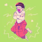  1boy brown_hair closed_eyes clothes_around_waist crossed_arms green_background heart heart_in_mouth jacket_around_waist male_focus oshimatsu osomatsu-kun osomatsu-san osomatsu_(osomatsu-kun) pants red_pants self_hug simple_background solo 