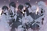  6+boys akashi_kuniyuki armor black_gloves crossed_arms enjin_y fan folding_fan glasses gloves hair_over_one_eye hakata_toushirou japanese_armor japanese_clothes kogitsunemaru male_focus mikazuki_munechika monochrome multiple_boys nagasone_kotetsu necktie nihongou_(touken_ranbu) ponytail smile sode tarou_tachi touken_ranbu uguisumaru 