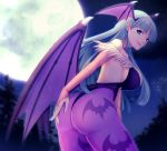  1girl asazuke25 ass bridal_gauntlets head_wings highres leaning_forward long_hair morrigan_aensland night pantyhose parted_lips solo 