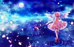  1girl blurry cardcaptor_sakura depth_of_field dress frilled_dress frills from_behind full_body full_moon fuuin_no_tsue gloves kinomoto_sakura mashiro_(bee0hatimitu) moon outstretched_arm petals petticoat pink_dress pink_hat short_hair thigh-highs walking walking_on_water wand water white_gloves white_legwear white_wings wings zettai_ryouiki 