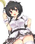  1girl :d animal_ears black_hair blush breasts cat_ears collared_shirt curvy hair_bobbles hair_ornament hand_on_hip hat himeka_(estacion) huyusilver large_breasts looking_at_viewer miniskirt mrs._estacion open_mouth panties pantyshot pantyshot_(standing) red_eyes sash shirt skirt smile solo standing thigh-highs thighs underwear white_legwear white_panties wrist_cuffs 