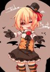  1girl bare_shoulders black_gloves blonde_hair corset detached_sleeves gloves hair_rings halloween halloween_costume hat jack-o&#039;-lantern one_eye_closed outstretched_arms red_eyes rumia shamo_(koumakantv) shirt skirt smile solo striped striped_legwear thigh-highs tongue tongue_out top_hat touhou trick_or_treat zettai_ryouiki 
