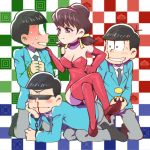  1girl 3boys all_fours black_hair blood bloodshot_eyes boots bowl_cut brothers brown_hair checkered checkered_background chin_rest choker choromatsu closed_eyes crossed_legs cuffs dominatrix drooling formal hairband handcuffs karamatsu kneeling leotard lowres matching_outfit multiple_boys nosebleed osomatsu-kun osomatsu-san osomatsu_(osomatsu-kun) rope short_twintails siblings sitting sitting_on_person smile suit sunglasses thigh-highs thigh_boots totoko_(osomatsu-kun) twintails 