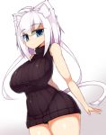 1girl ahoge animal_ears bare_shoulders belly blue_eyes blush breasts cat_ears cat_tail covered_navel covered_nipples dress felt_whitesnow highres large_breasts looking_at_viewer original plump purple_hair ribbed_sweater sawati shirt short_dress short_hair_with_long_locks silver_hair sleeveless sleeveless_dress solo sweater sweater_dress tail thighs turtleneck 