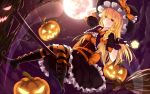  1girl adapted_costume bakanoe black_dress black_gloves blonde_hair boots bow braid broom broom_riding cross-laced_footwear dress fingerless_gloves full_moon gloves grin halloween hand_on_headwear hat hat_bow highres jack-o&#039;-lantern kirisame_marisa long_hair looking_at_viewer moon multiple_belts night pantyhose sash single_braid sky smile solo star_(sky) starry_sky striped striped_legwear touhou witch_hat yellow_eyes 