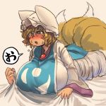  1girl bed_sheet blonde_hair blush breasts chanta_(ayatakaoisii) dress eyebrows eyebrows_visible_through_hair fox_tail hat huge_breasts lavender_background long_sleeves lying multiple_tails on_stomach pillow_hat sheet_grab short_hair simple_background solo sweat tabard tail tearing_up teeth tongue touhou translation_request white_dress wide_sleeves yakumo_ran 