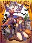  2girls bat_wings blonde_hair breasts drill_hair ghost hair_over_one_eye halloween hat highres idolmaster idolmaster_cinderella_girls jiangshi kanzaki_ranko long_hair multiple_girls ofuda open_mouth red_eyes shao_(newton) shirasaka_koume short_hair silver_hair skull sleeves_past_wrists smile tombstone twin_drills twintails wings 