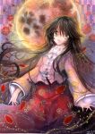  1girl black_hair bow brown_eyes floral_print full_moon graphite_(medium) houraisan_kaguya long_hair long_skirt long_sleeves looking_at_viewer moon mosho open_mouth shirt skirt smile solo touhou traditional_media very_long_hair watercolor_(medium) wide_sleeves 