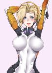  1girl absurdres arm_behind_head arms_up blonde_hair blue_eyes bodysuit breastplate breasts breasts_apart covered_navel gggg hand_on_own_arm headgear highres large_breasts looking_at_viewer mechanical_halo mercy_(overwatch) no_wings open_mouth overwatch purple_background short_hair simple_background solo turtleneck upper_body wide_hips 