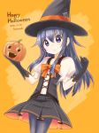  1girl akatsuki_(kantai_collection) alternate_costume artist_request badge black_legwear bow commentary_request dated halloween halloween_costume happy_halloween hat jack-o&#039;-lantern kantai_collection kotanuki_329 long_hair orange_bow puffy_short_sleeves puffy_sleeves purple_hair short_sleeves solo witch_hat 