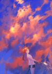  1girl achiki blue_eyes blue_sky hose orange_hair original ponytail red_clouds sky solo water 
