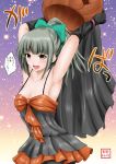  1girl alternate_costume armpits bow commentary_request grey_hair hair_bow halloween halloween_costume high_ponytail highres jack-o&#039;-lantern kantai_collection open_mouth ponytail short_hair solo translated yano_toshinori yuubari_(kantai_collection) 