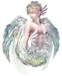  1boy angel angel_wings blonde_hair closed_eyes eyelashes feathered_wings feathers flower highres male_focus original plant shirtless solo wings yanne 
