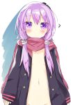  1girl ? absurdres artist_request blush hair_ornament highres hooded_jacket jacket long_hair looking_at_viewer navel open_clothes open_jacket purple_hair scarf solo twintails violet_eyes vocaloid voiceroid yuzuki_yukari 