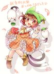  &gt;_&lt; 1girl :3 bag bow brown_eyes cat_tail checkered_dress chen closed_eyes fang hat hat_with_ears ibarashiro_natou long_sleeves looking_at_viewer mob_cap multiple_tails nekomata open_mouth shirt shoulder_bag smile solo tail touhou 
