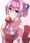  1girl apple blue_eyes candy_apple flower flower_ornament food fruit hair_flower hair_ornament highres japanese_clothes kantai_collection kimono looking_at_viewer pink_hair ponytail ribbon shiranui_(kantai_collection) short_hair solo takeshima_(nia) yukata 
