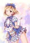  1girl blonde_hair bow brown_eyes elbow_gloves gita_(granblue_fantasy) gloves granblue_fantasy hair_bow non_(nobu) one_eye_closed open_clothes open_vest puffy_short_sleeves puffy_sleeves shirt short_sleeves skirt skirt_set smile solo thighs v vest white_gloves 