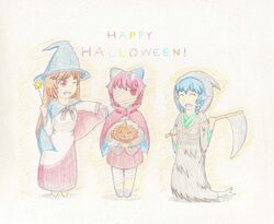  3girls absurdres black_shirt black_shoes blue_hair bow brooch brown_hair cape cloak colored_pencil_(medium) covering_one_eye curly_hair dress fang hair_bow halloween happy_halloween hat highres imaizumi_kagerou japanese_clothes jewelry kimono laughing long_hair looking_at_viewer mermaid monster_girl multiple_girls mummy_(cosplay) ne-sugi one_eye_closed open_mouth red_dress red_eyes red_skirt redhead scythe sekibanki shirt shoes short_hair skirt standing star touhou traditional_media wakasagihime wand white_dress witch witch_hat 