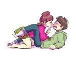  1boy 1girl arm_support assertive barefoot blush brown_hair choromatsu finger_to_mouth hairband incipient_kiss leg_lift lying on_back osomatsu-kun osomatsu-san shakata_(syakatan) short_twintails skirt socks totoko_(osomatsu-kun) turtleneck twintails 