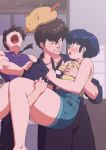  1girl 3boys bird blush breast_grab carrying chinese_clothes hakama hibiki_ryouga highres japanese_clothes kunou_tatewaki mage_(artist) multiple_boys open_mouth p-chan phoenix ranma_1/2 saotome_ranma shirt_grab shorts smile tendou_akane 