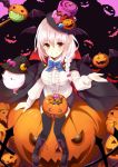  bat_hair_ornament black_legwear blush boots braid candy cape commentary_request fang from_above ghost hair_ornament halloween hat jack-o&#039;-lantern long_hair looking_up note_(aoiro_clip) original red_eyes ribbon silver_hair single_braid sitting skirt smile thigh-highs top_hat 