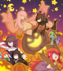  6+girls banette biriri-ane_(space_jin) black_hair black_sclera character_request gengar ghost hat highres jack-o&#039;-lantern long_hair lunatone multiple_girls original personification pokemon pumpkaboo pumpkin purple_hair redhead rotom space_jin witch_hat yellow_eyes 