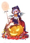  1girl alternate_costume animal_hood arm_ribbon bat_wings blue_hair blush bow brooch candy cat_hood cloak cookie fang food halloween halloween_costume highres hood jack-o&#039;-lantern jewelry jiji_(381134808) lollipop looking_at_viewer mary_janes open_mouth red_eyes remilia_scarlet ribbon shoes short_hair simple_background sitting smile solo striped striped_legwear touhou white_background wings wrist_cuffs 