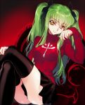  1girl c.c. code_geass cosplay creayus crossed_legs fate/stay_night fate_(series) green_hair long_hair looking_at_viewer no_panties ribbon smile solo thigh-highs toosaka_rin toosaka_rin_(cosplay) twintails yellow_eyes 