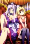  2girls absurdres artist_request bare_shoulders black_legwear blonde_hair blue_eyes breasts cleavage dress frolaytia_capistrano hair_ornament heavy_object highres indoors japanese_clothes kimono large_breasts lavender_hair milinda_brantini multiple_girls obi off_shoulder pantyhose sash sitting small_breasts smile violet_eyes yukata 