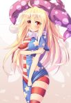  1girl american_flag_legwear american_flag_shirt arm_grab bangs big_hat blonde_hair blush chestnut_mouth clownpiece embarrassed eyes_visible_through_hair gradient gradient_background hat hips jester_cap long_hair looking_at_viewer navel red_eyes shirt_pull short_sleeves skindentation solo sparkle star_cutout stripe_cutout thighs touhou very_long_hair z.o.b 