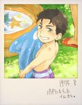  1boy birthmark black_hair child flip-flops from_above grass green_eyes grin inflatable_dolphin joestar_birthmark jojo_no_kimyou_na_bouken kuujou_joutarou male_focus photo_(object) sandals shirtless smile star swim_trunks translation_request wading_pool yanne younger 