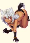  1girl all_fours animal_ears ass black_gloves blush bracelet breasts collar commentary_request dark_skin fang gloves halloween jewelry mikannsisyou open_mouth original red_eyes short_hair silver_hair smile solo tail wolf_ears wolf_tail 