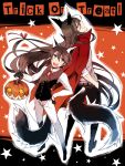  2boys animal_ears back-to-back black_gloves black_hair blue_eyes cape gloves halloween hand_on_hip hanokage horikawa_kunihiro izumi-no-kami_kanesada jack-o&#039;-lantern male_focus multiple_boys open_mouth smile star tail touken_ranbu trick_or_treat wolf_ears wolf_tail 