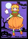  1girl absurdres bat blonde_hair blue_eyes bow dress flower hair_bow hair_ribbon halloween halloween_costume highres medicine_melancholy nadecolla open_mouth ribbon short_hair skirt skirt_hold smile solo su-san touhou trick_or_treat wings 