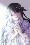  1girl alice_(pandora_hearts) braid brown_hair dress frills gradient_hair hands_clasped long_hair multicolored_hair pandora_hearts purimo_(xxxmofmof) red_eyes smile tears violet_eyes white_hair will_of_the_abyss 