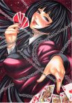  1girl ace_of_hearts arched_back bangs black_hair black_ribbon blunt_bangs blush card chain colored_pencil_(medium) eyelashes fingernails formal from_side holding holding_card jabami_yumeko kakegurui lips long_hair looking_at_viewer maitamu nail_polish open_collar open_mouth playing_card red_background red_eyes red_nails red_suit restraints ribbon royal_flush shibari signature solo suit sweat thumb_ring traditional_media very_long_hair 