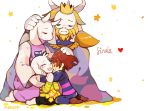  asgore_dreemurr asriel_dreemurr blonde_hair brown_hair chara_(undertale) closed_eyes crown english family father_and_son flower frisk_(undertale) heart hug jewelry kneeling momoppi mother_and_son pendant shirt smile spoilers striped striped_shirt tears toriel transparent transparent_background undertale what_if 