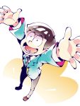  1boy bowl_cut brown_hair dossei dutch_angle formal from_above heart heart_in_mouth highres jyushimatsu male_focus necktie osomatsu-kun osomatsu-san outstretched_arms simple_background smile solo suit white_background wide-eyed yellow_eyes 