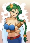  1girl bare_shoulders braid breasts cleavage double_bun earrings flower green_eyes green_hair hair_flower hair_ornament harvest_goddess harvest_moon highres jewelry large_breasts navel open_mouth solo splashbrush star_hair_ornament vambraces veil 