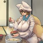  1girl blonde_hair blush breasts chanta_(ayatakaoisii) cooking_pot covered_nipples cup ears food fox_tail hat huge_breasts indoors ladle long_sleeves looking_down multiple_tails parted_lips pillow_hat room seiza short_hair sitting smile solo soup table tagme tail tatami thighs touhou yakumo_ran yellow_eyes 