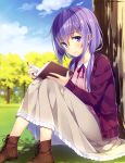  1girl absurdres artist_name blouse blue_eyes blurry blush book boots cardigan clouds collarbone cross-laced_footwear dengeki_moeou depth_of_field hair_ornament hairclip highres holding holding_book long_hair long_skirt long_sleeves low_twintails open_book open_cardigan open_clothes outdoors purple_hair ribbon sitting skirt smile solo tree twintails under_tree yuuki_hagure 