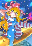  1girl absurdres american_flag_legwear american_flag_shirt blush clownpiece confetti ears hand_up hat highres jester_cap kagachan long_hair looking_at_viewer moon riding short_sleeves smile solo space star torch touhou v violet_eyes 