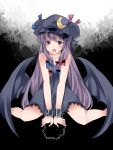  1girl bare_arms bare_shoulders black_dress chain collarbone crescent cuffs demon_girl demon_wings dress hair_ribbon halloween halloween_costume hammer_(sunset_beach) hat long_hair mob_cap open_mouth patchouli_knowledge purple_hair ribbon shackles sitting solo touhou tress_ribbon very_long_hair violet_eyes wariza wings 